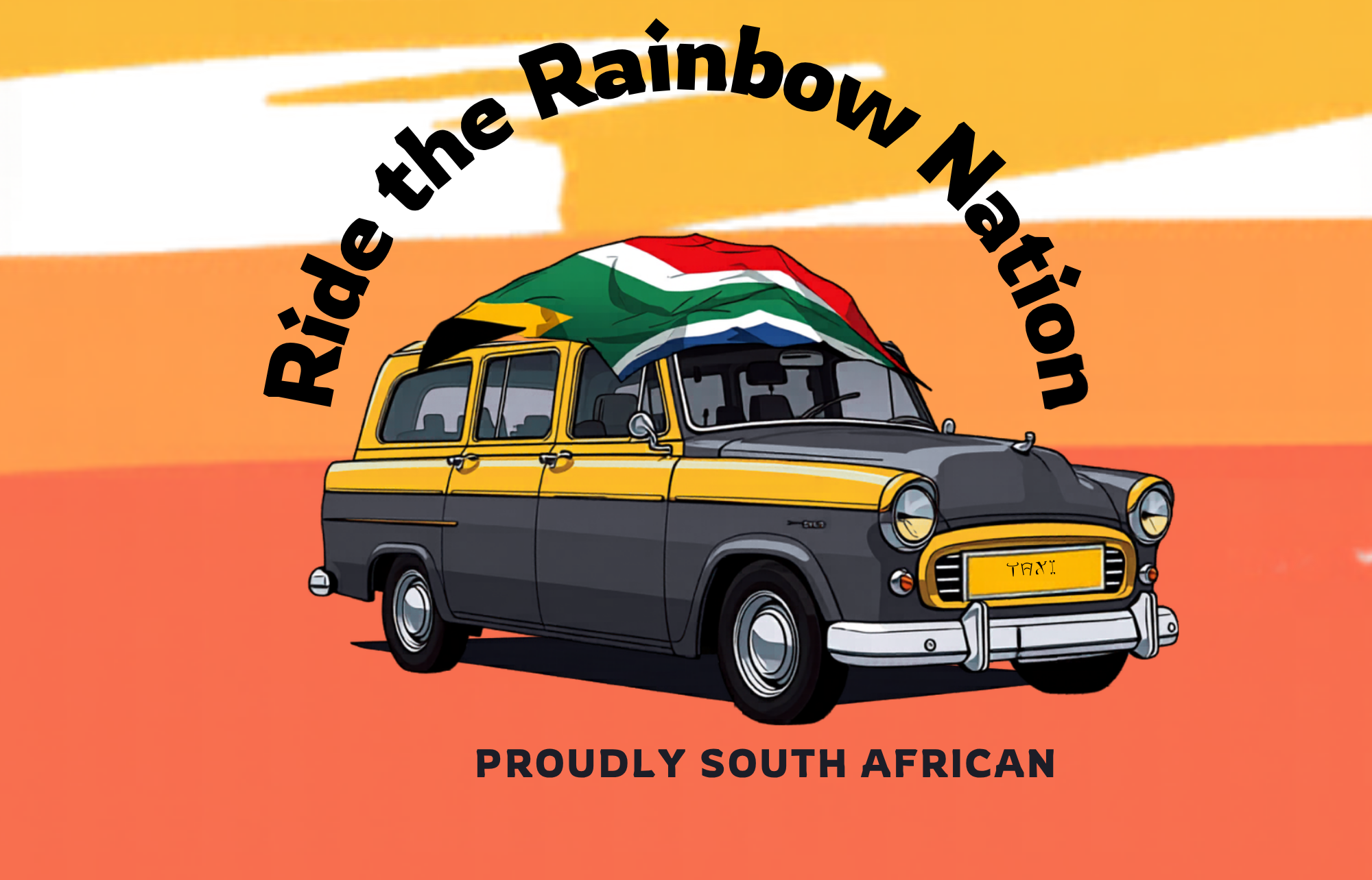 Illustration of a South African minibus taxi with a national flag draped over the roof and the words “Ride the Rainbow Nation” above it