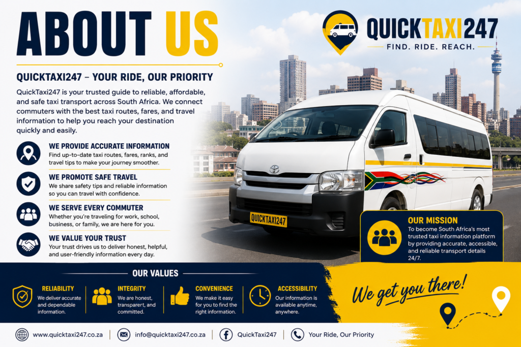 About page poster for QuickTaxi247 featuring taxis in Joburg and Pretoria and transport services in South Africa