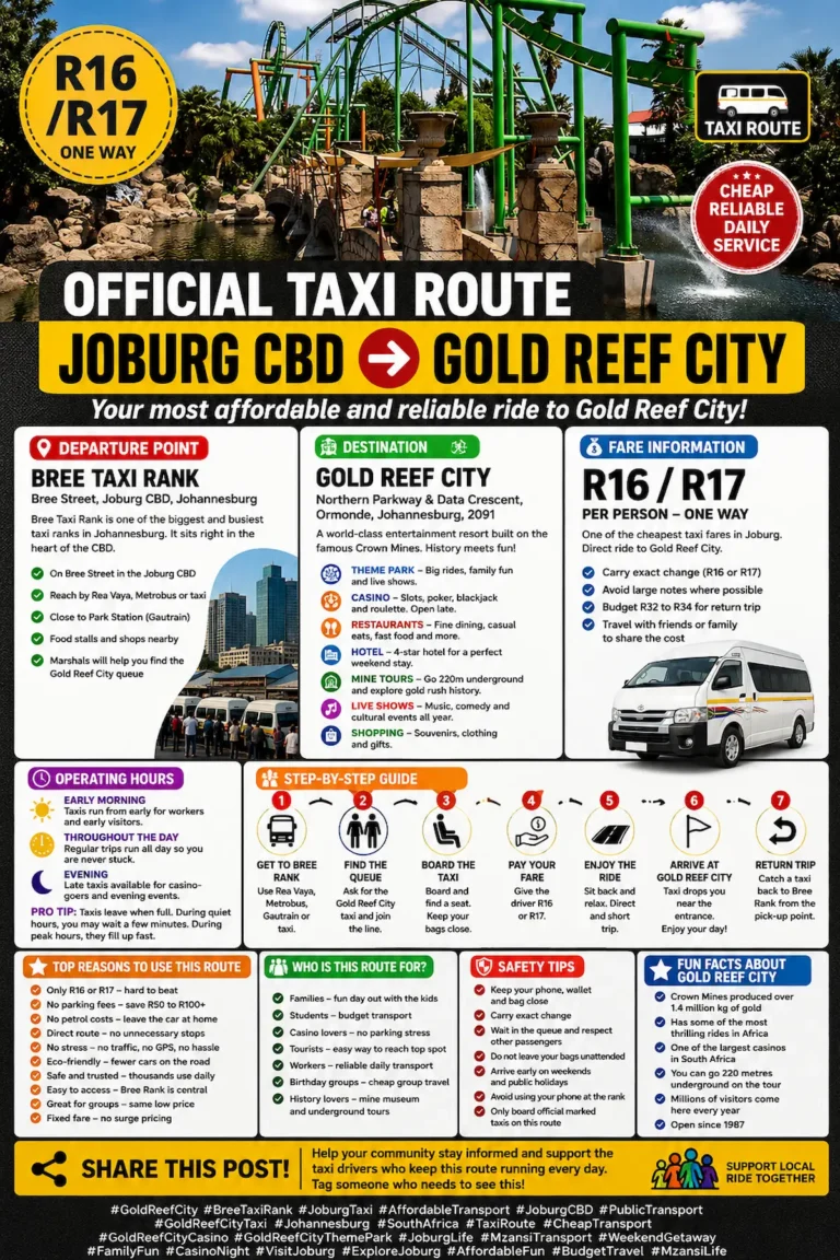 Affordable taxi route from Joburg CBD to Gold Reef City departing from Bree Taxi Rank for R16 or R17