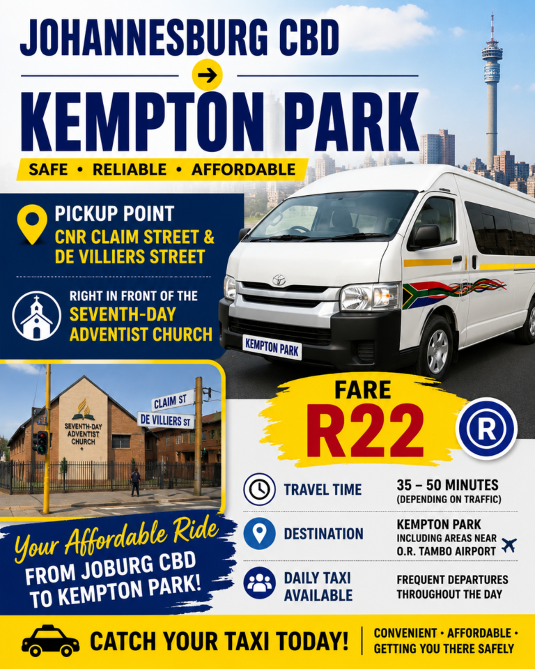 “Johannesburg CBD to Kempton Park taxi fare and pickup location”