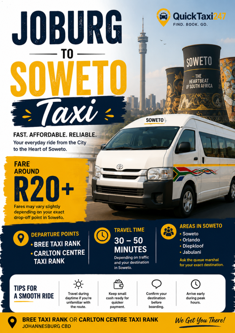 Poster showing a Johannesburg to Soweto taxi route with a white minibus taxi, fare of R20+, departure from Bree Taxi Rank or Carlton Centre Taxi Rank, and travel time of 30–50 minutes.