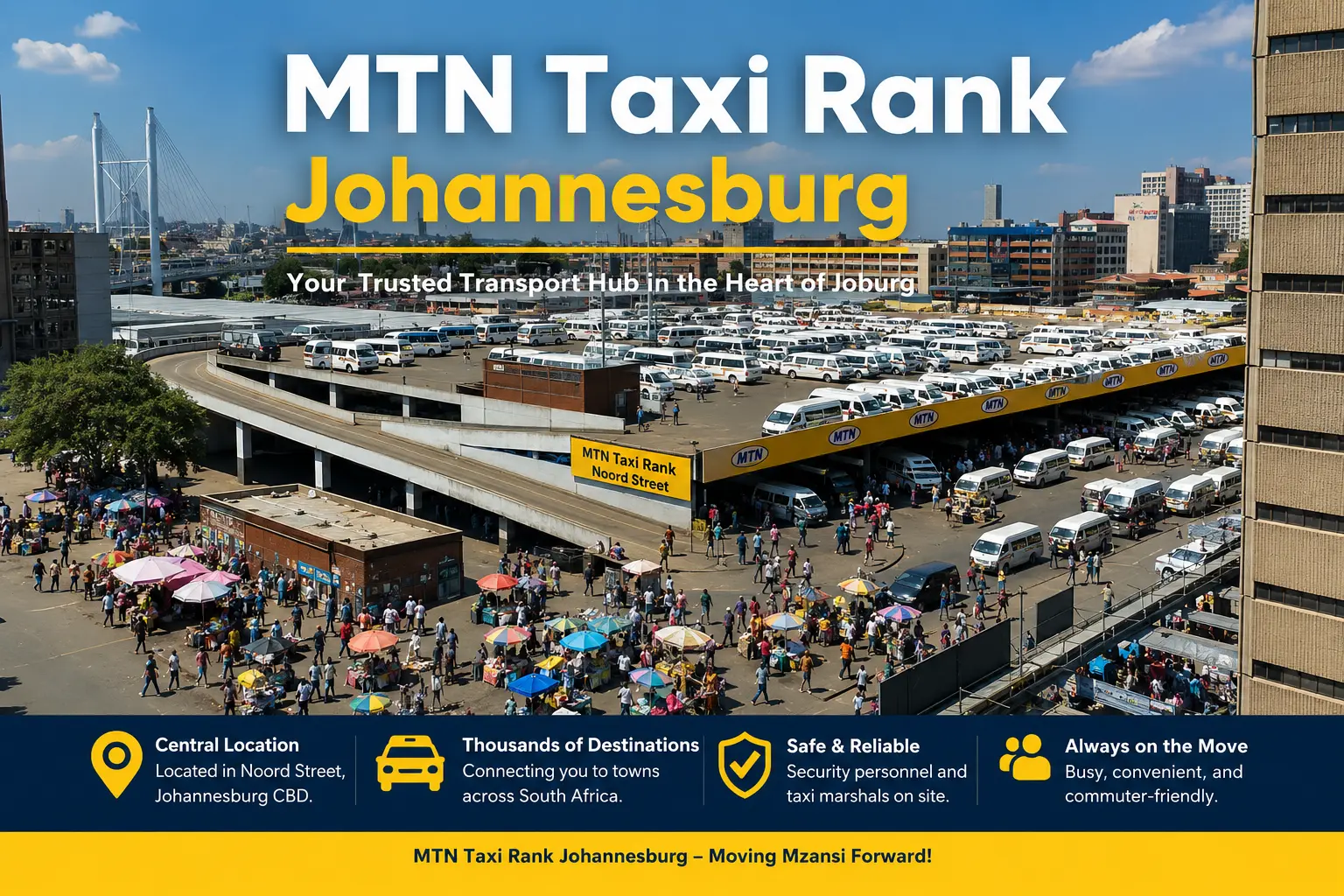MTN Taxi Rank Johannesburg aerial view showing taxis and commuters at the busy Noord Street transport hub
