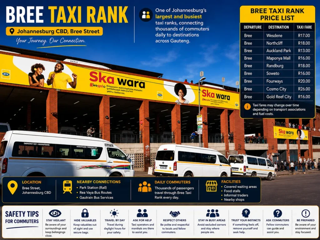 Bree Taxi Rank in Johannesburg CBD showing taxi routes, fare information, commuter facilities, transport connections, and safety tips for daily passengers.